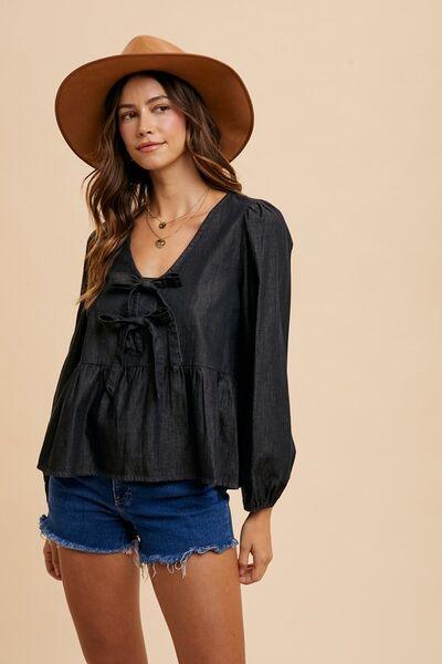 Annie Wear Tie Front Peplum Long Sleeve Denim Top - Clothes For Her Online Store