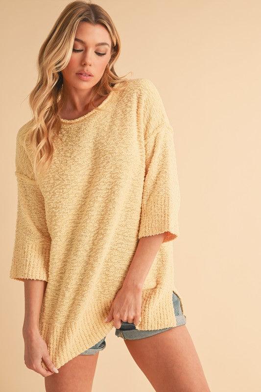 Aemi + Co Side Slit Ribbed Hem Round Neck Sweater - Clothes For Her Online Store