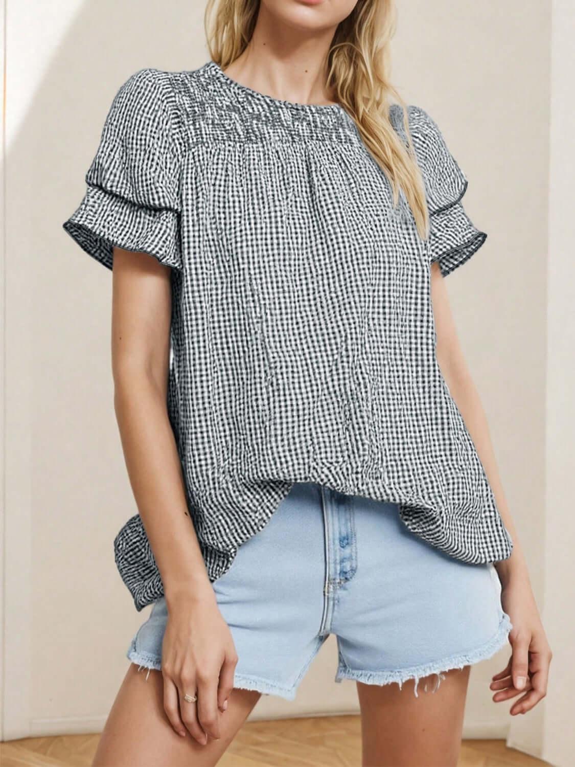 Smocked Plaid Round Neck Layered Short Sleeve Blouse - Clothes For Her Online Store