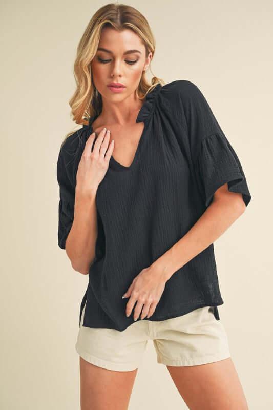 Aemi + Co Side Slit Notched Ruffled Half Sleeve Blouse - Clothes For Her Online Store