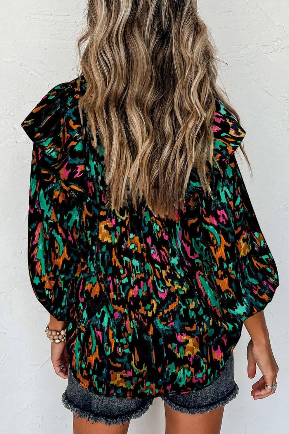 Abstract Print 3/4 Sleeve Ruffle Blouse - Clothes For Her Online Store