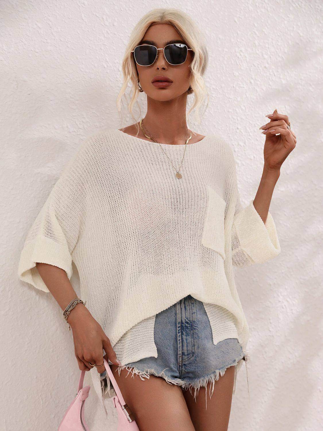 Boat Neck Cuffed Sleeve Slit Tunic Knit Top - Clothes For Her Online Store