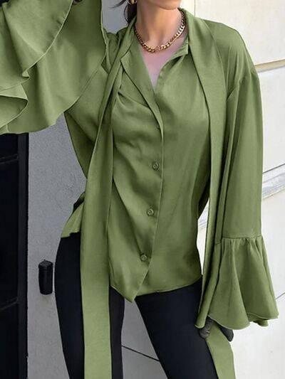 Button Down Flounce Sleeve Shirt - Clothes For Her Online Store