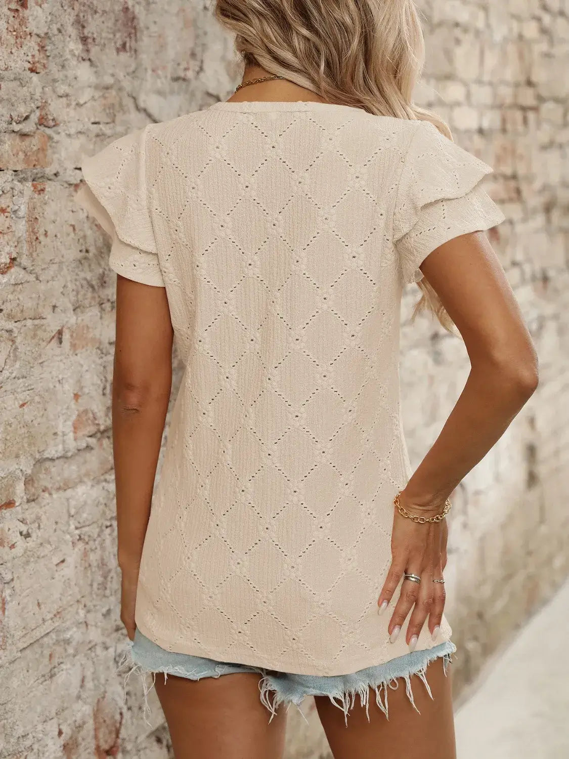 Eyelet V-Neck Ruffled Cap Sleeve Top - Clothes For Her Online Store