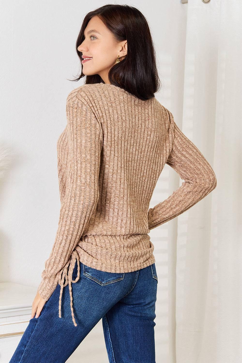 Double Take Drawstring Ribbed Long Sleeve T-Shirt - Clothes For Her Online Store