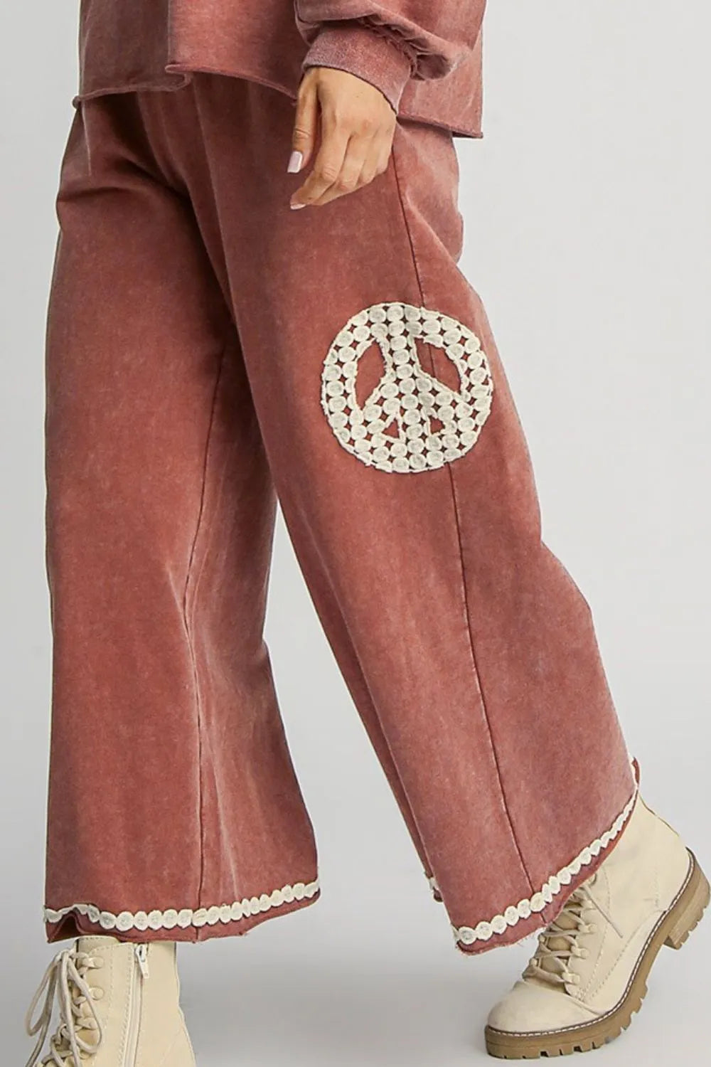 Umgee Full Size Peace Lace Applique Mineral Wash Wide Leg Pants Plus Size