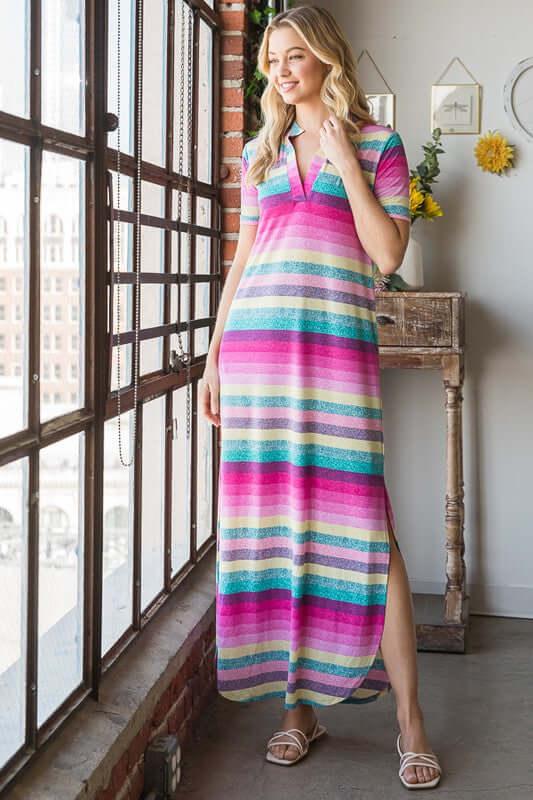 Heimish Full Size Striped Short Sleeve Maxi Tee Dress Plus Size - Clothes For Her Online Store