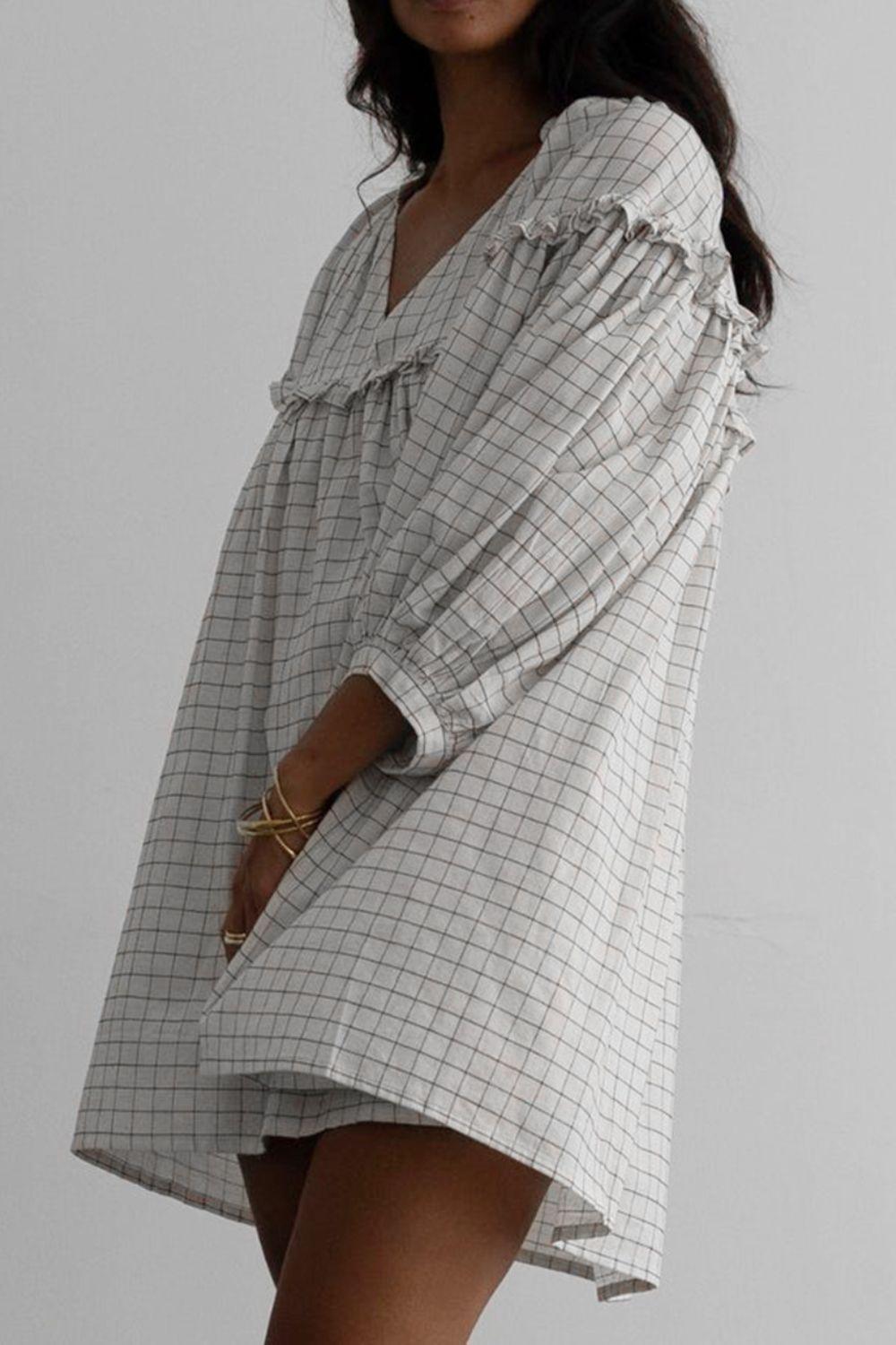 Frill Plaid Notched Balloon Sleeve Mini Dress - Clothes For Her Online Store