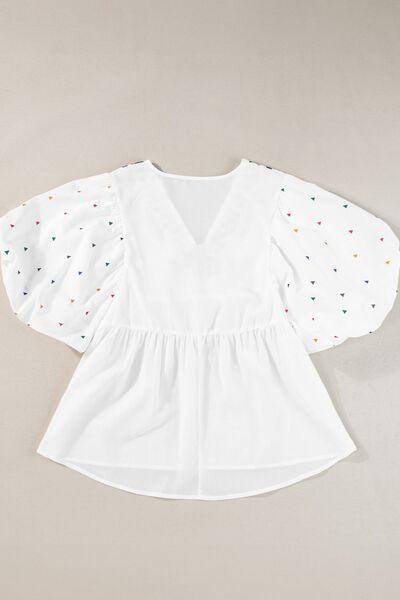 Printed V-Neck Puff Sleeve Top - Clothes For Her Online Store