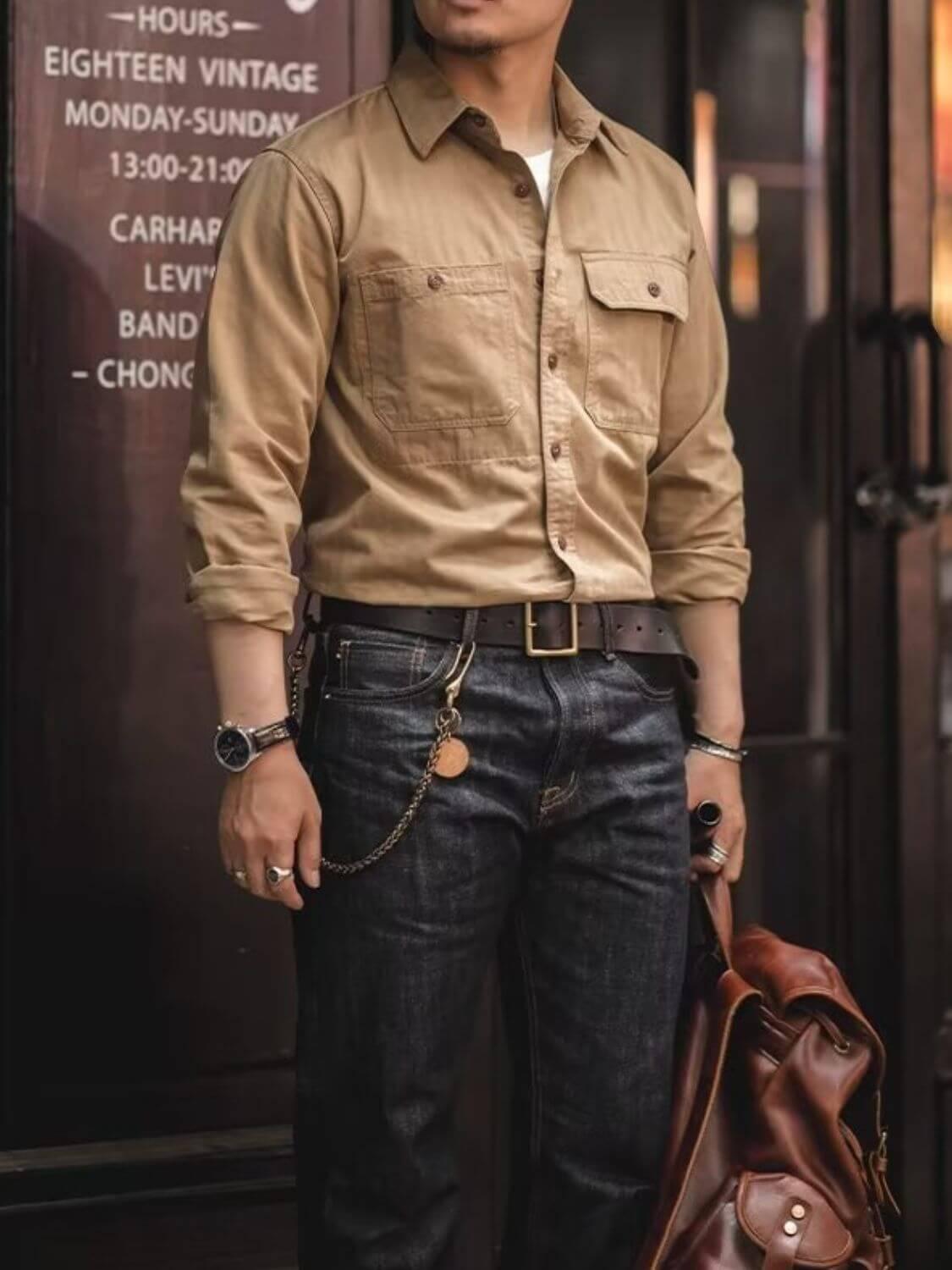 Men's Button Down Long Sleeve Shirt with Chest Pockets - Clothes For Her Online Store