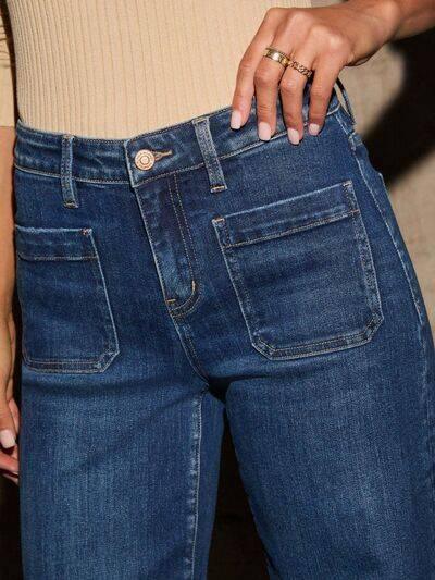 High Rise Front Pocket Patch Wide Leg Jeans - Clothes For Her Online Store