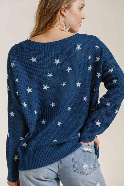 Umgee Full Size Star V-Neck Long Sleeve Sweater Plus Size - Clothes For Her Online Store