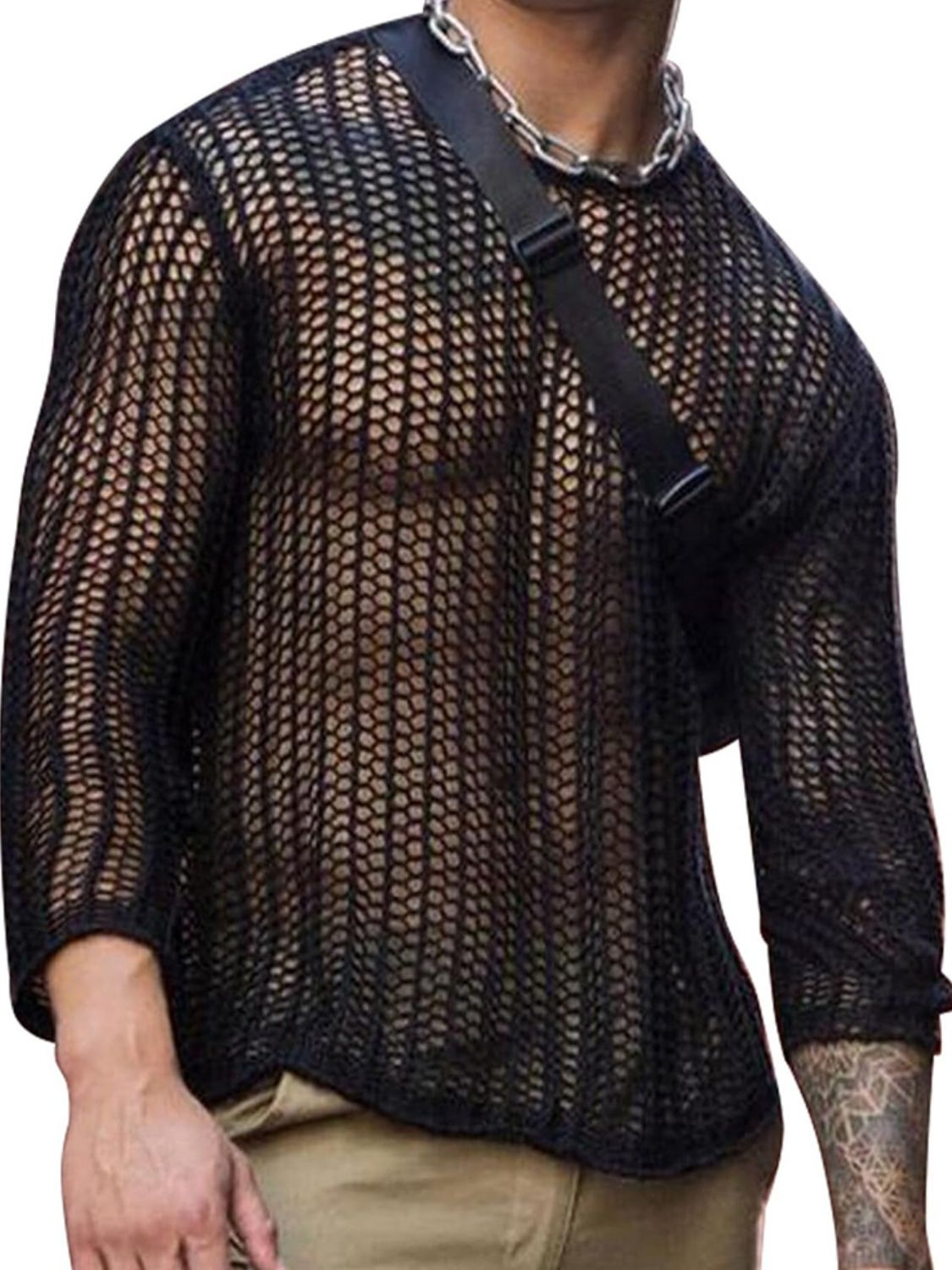 Men's Full Size Hollow Out Round Neck Long Sleeve Top Plus Size - Clothes For Her Online Store