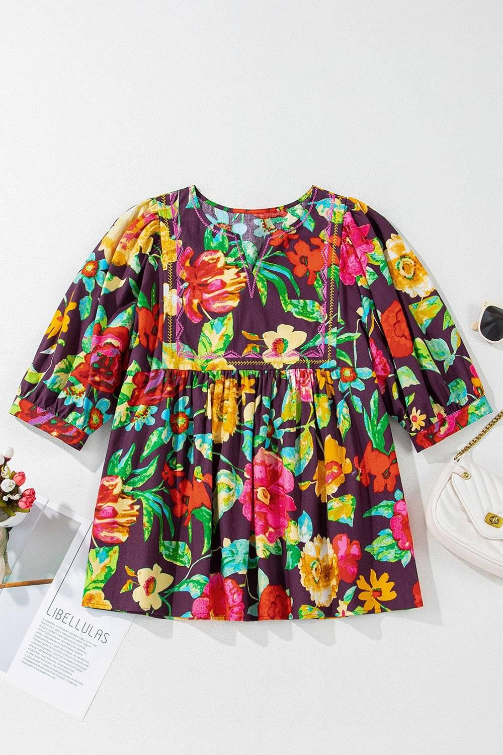 Flower Embroidered Trim Half Sleeve Blouse - Clothes For Her Online Store