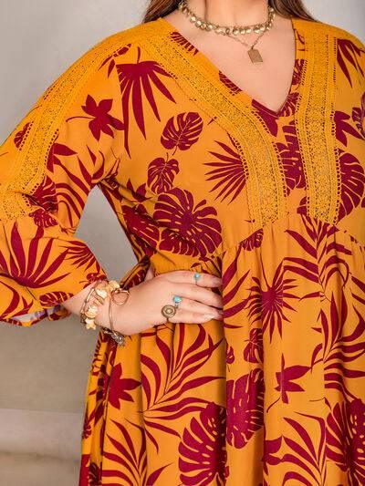 Plus Size Lace Detail Printed V-Neck Maxi Dress - Clothes For Her Online Store