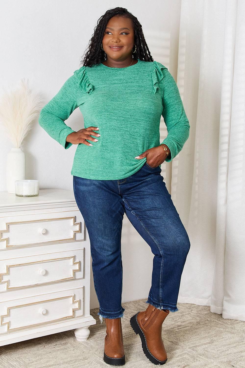 Double Take Ruffle Shoulder Long Sleeve T-Shirt - Clothes For Her Online Store