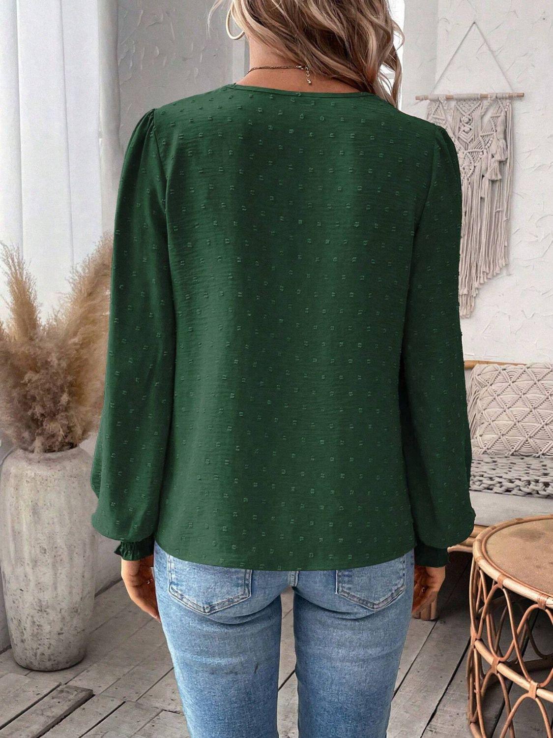 Swiss Dot Lace Detail Notched Long Sleeve Blouse - Clothes For Her Online Store