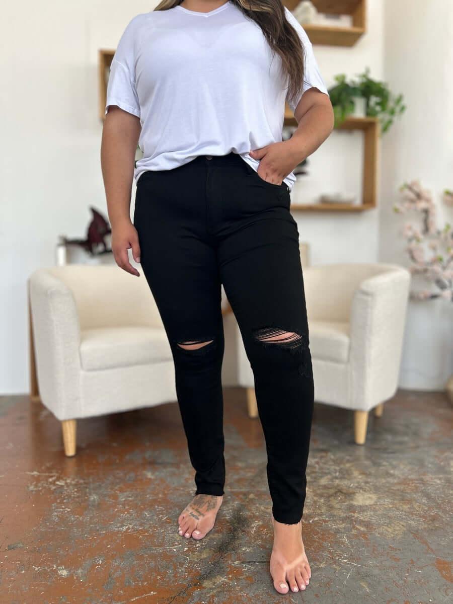 Judy Blue Full Size Distressed Tummy Control High Waist Skinny Jeans - Clothes For Her Online Store