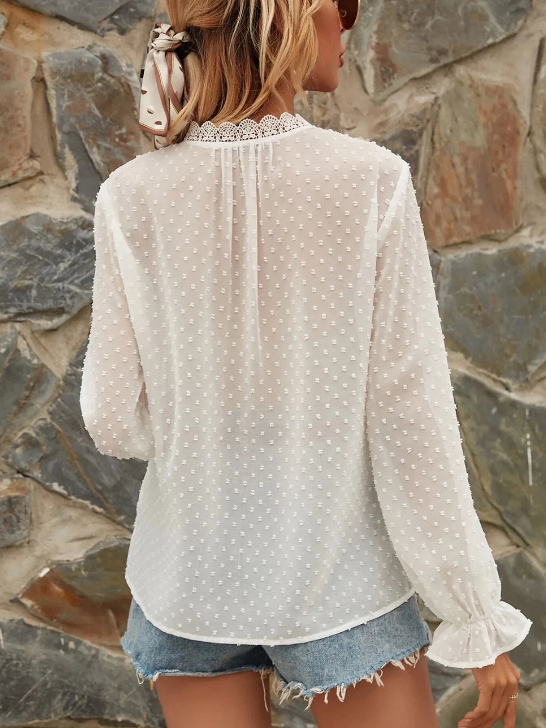 Lace Detail V-Neck Swiss Dot Blouse