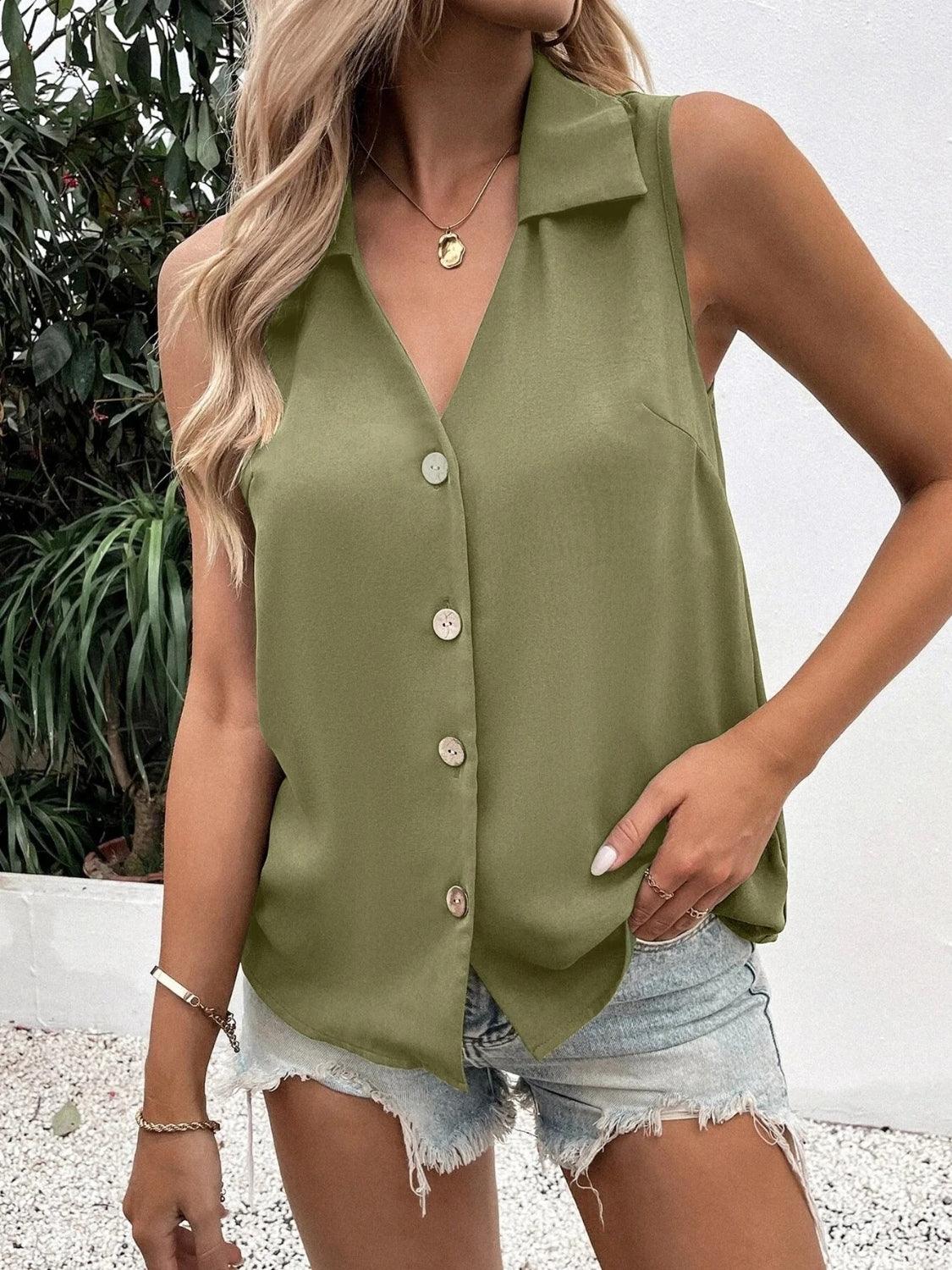 Johnny Collared Button Up Sleeveless Top - Clothes For Her Online Store