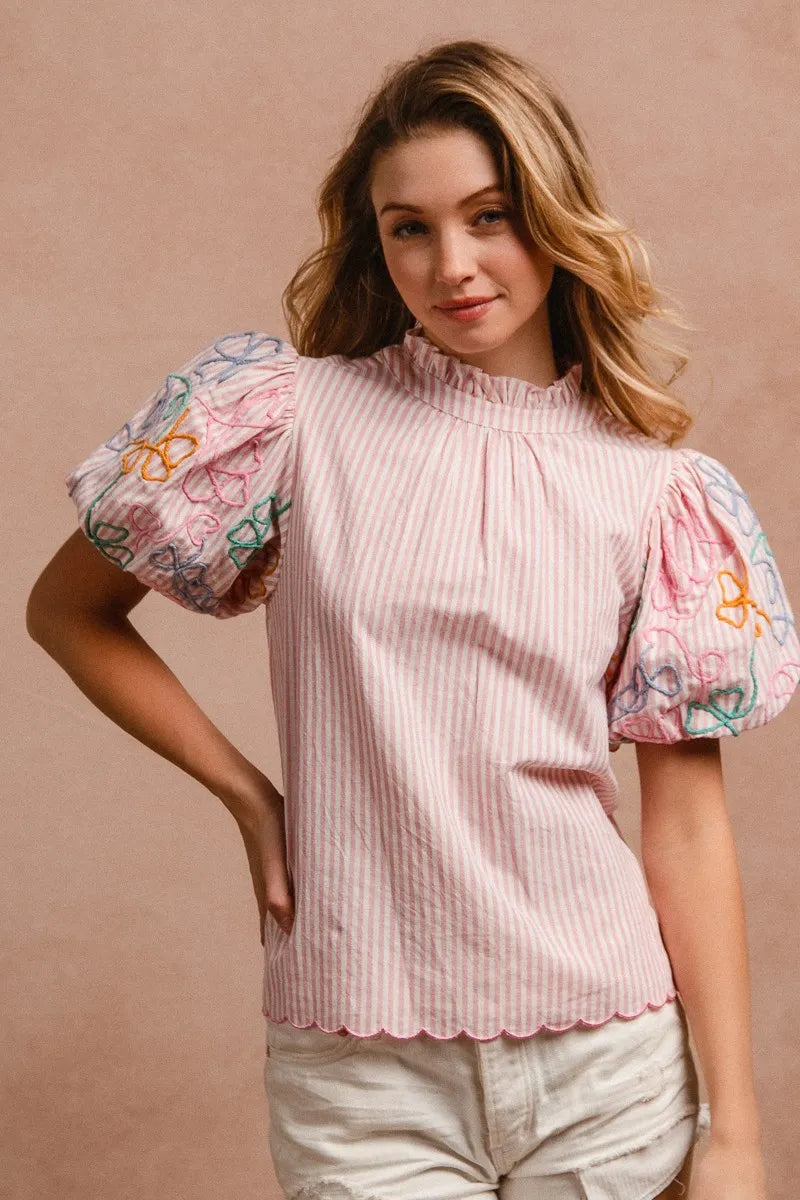 BiBi Embroidery Bubble Sleeve Top With Bottom Scallop Detail