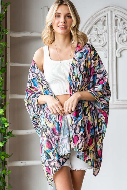 Heimish Full Size Multi Color Snake Open Cardigan Plus Size - Clothes For Her Online Store