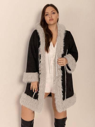 Plus Size Fuzzy Trim Open Front Long Sleeve Hooded Coat - Clothes For Her Online Store