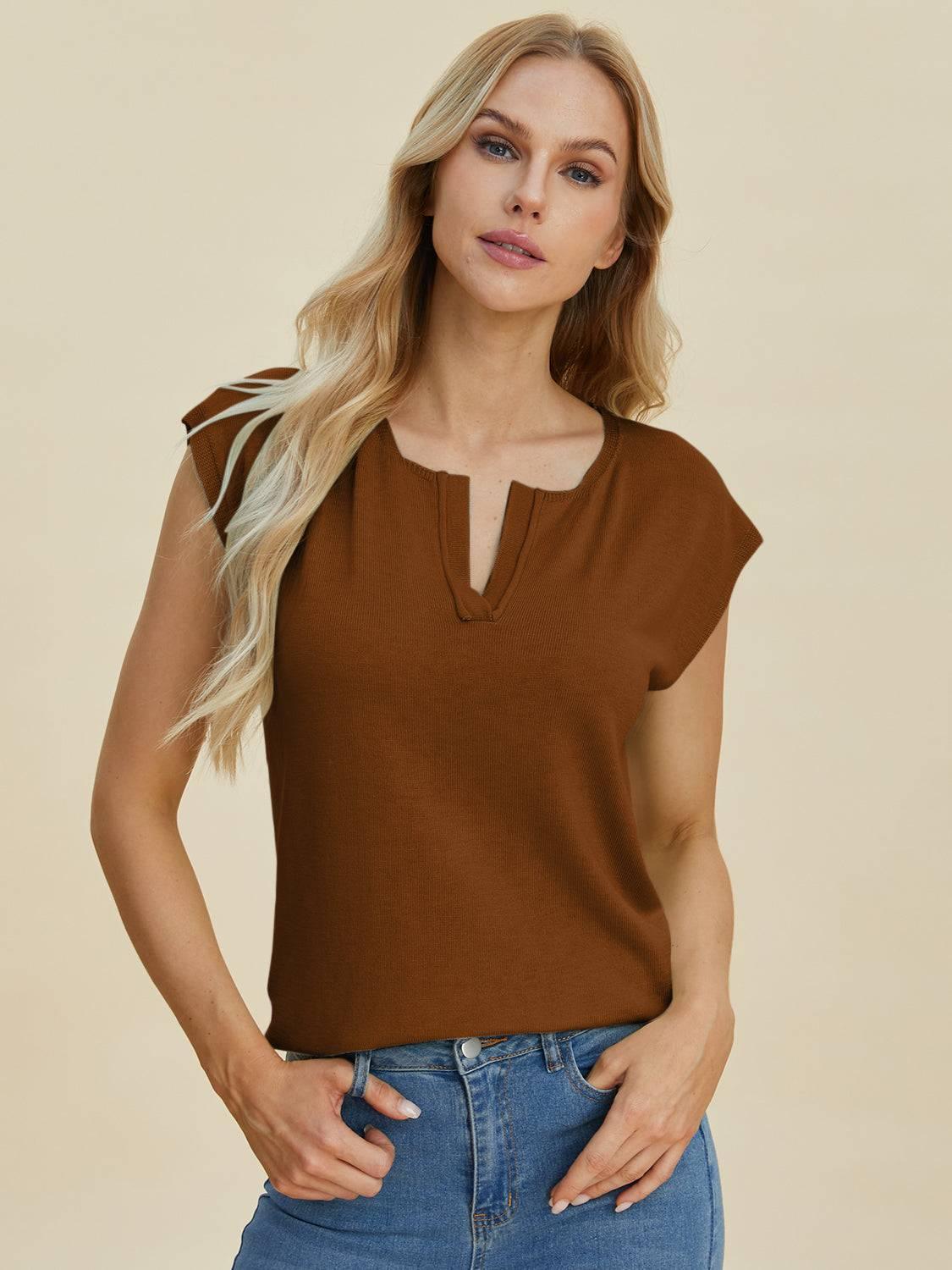 Double Take Full Size Notched Cap Sleeve Knit Top - Clothes For Her Online Store