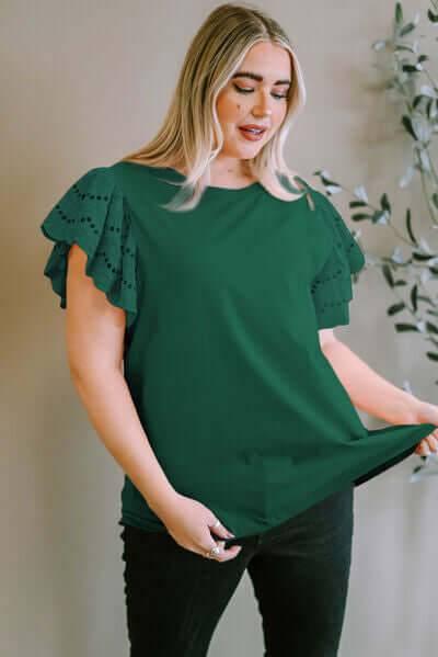 Plus Size Eyelet Round Neck Short Sleeve Blouse - Clothes For Her Online Store