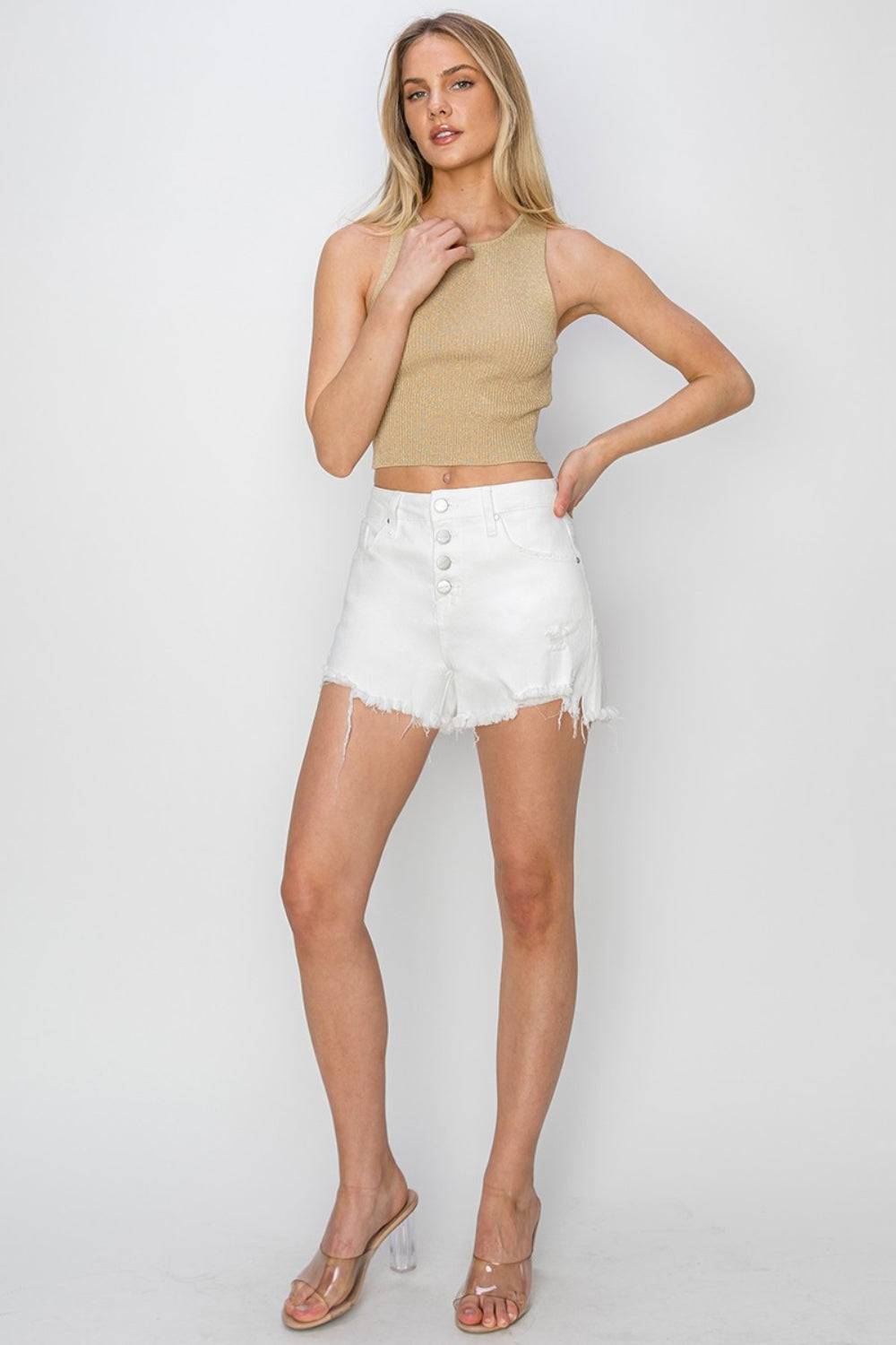 RISEN Button Fly Frayed Hem Denim Shorts - Clothes For Her Online Store