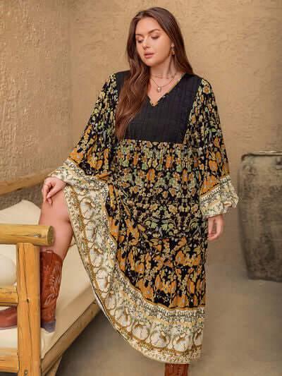 Plus Size Floral V-Neck Balloon Sleeve Midi Dress - Clothes For Her Online Store