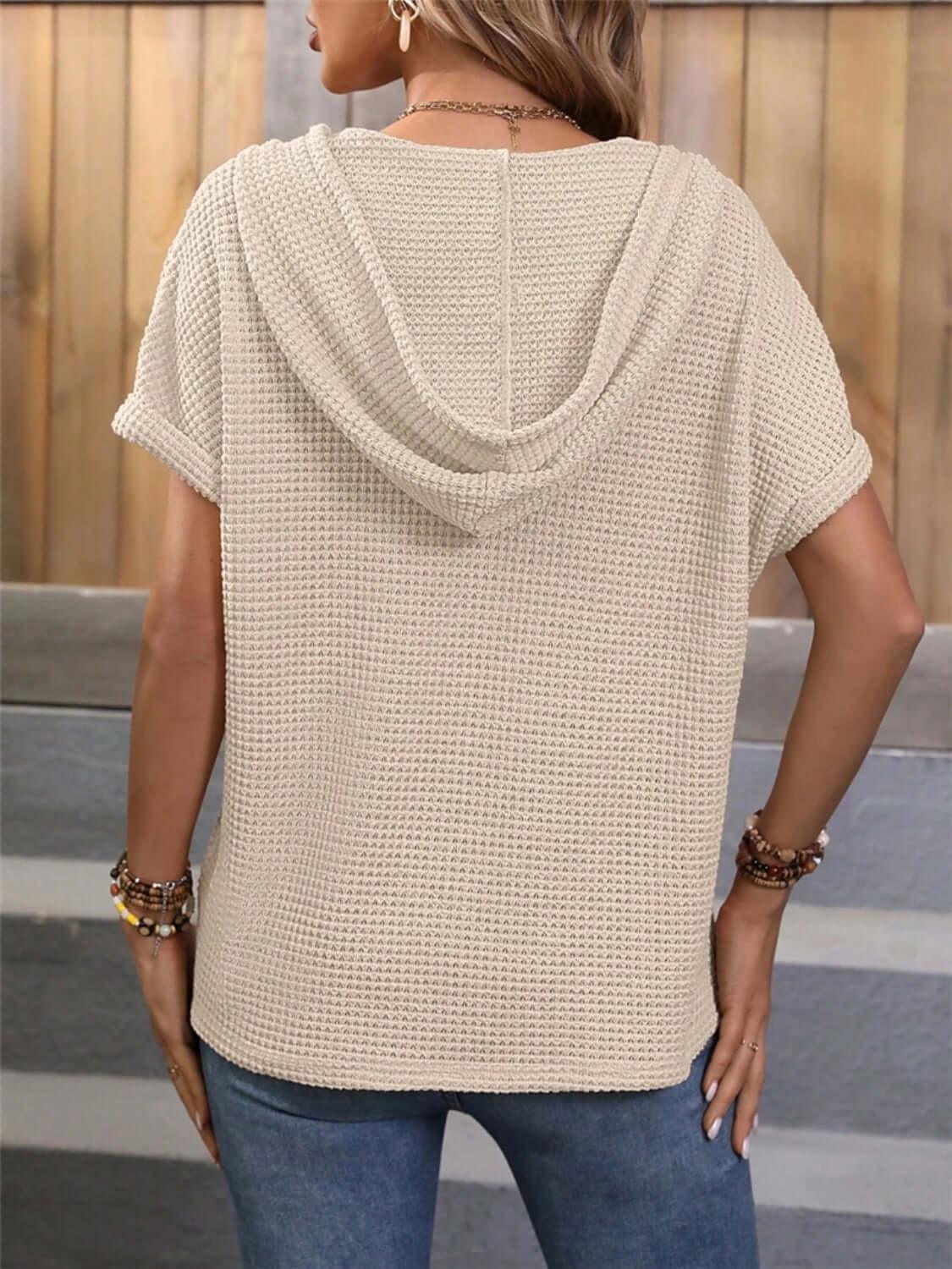 Waffle-Knit Hooded Short Sleeve Top - Clothes For Her Online Store