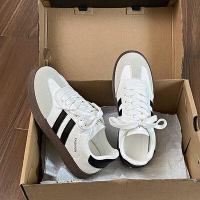 Side Striped Lace Up Round Toe Sneakers - Clothes For Her Online Store