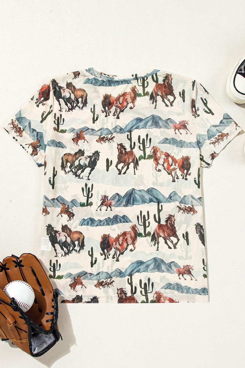 Western Fashion Mustang River Printed Mesh T Shirt - Clothes For Her Online Store