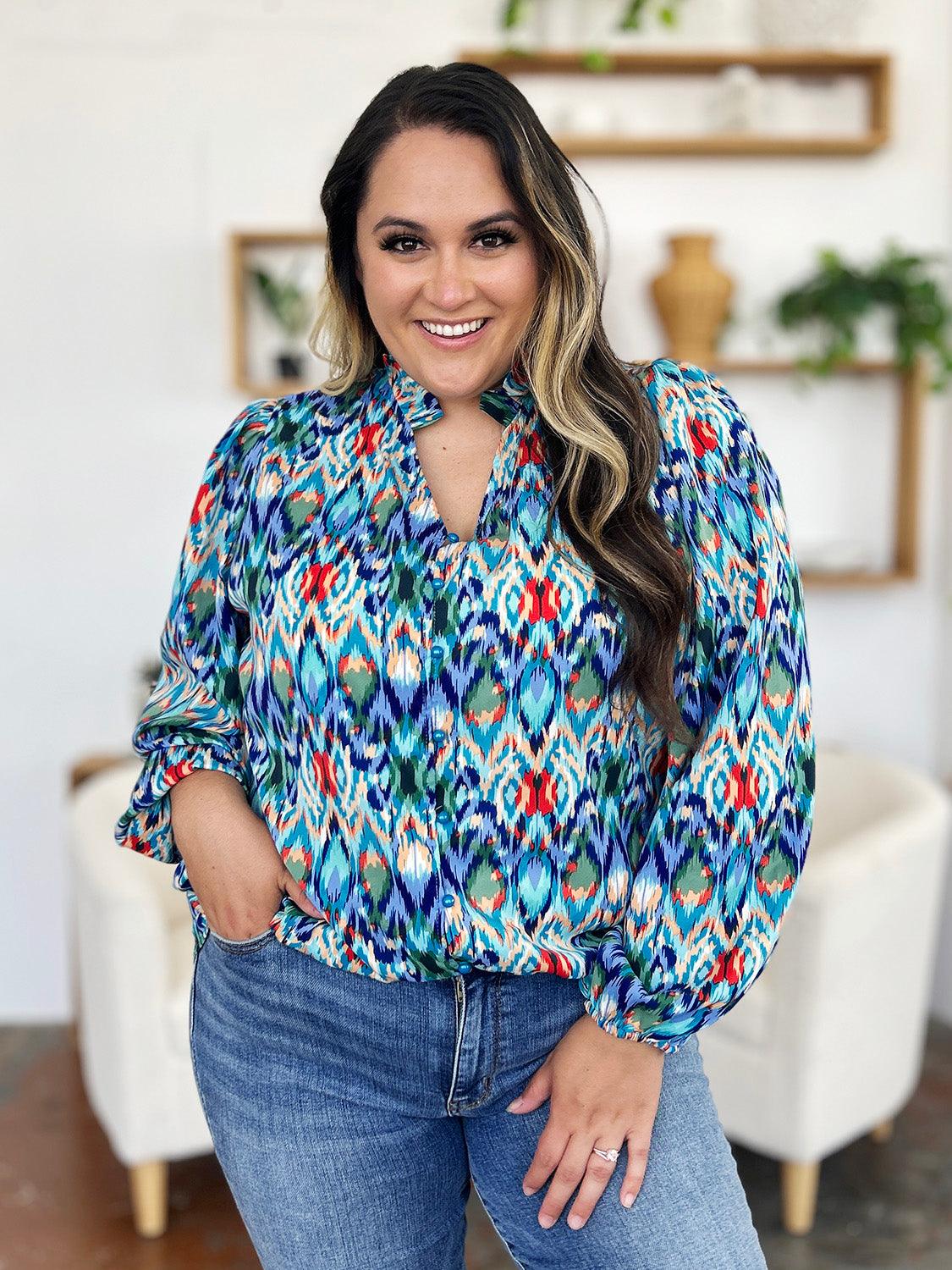 Double Take Full Size Printed Balloon Sleeve Blouse - Clothes For Her Online Store