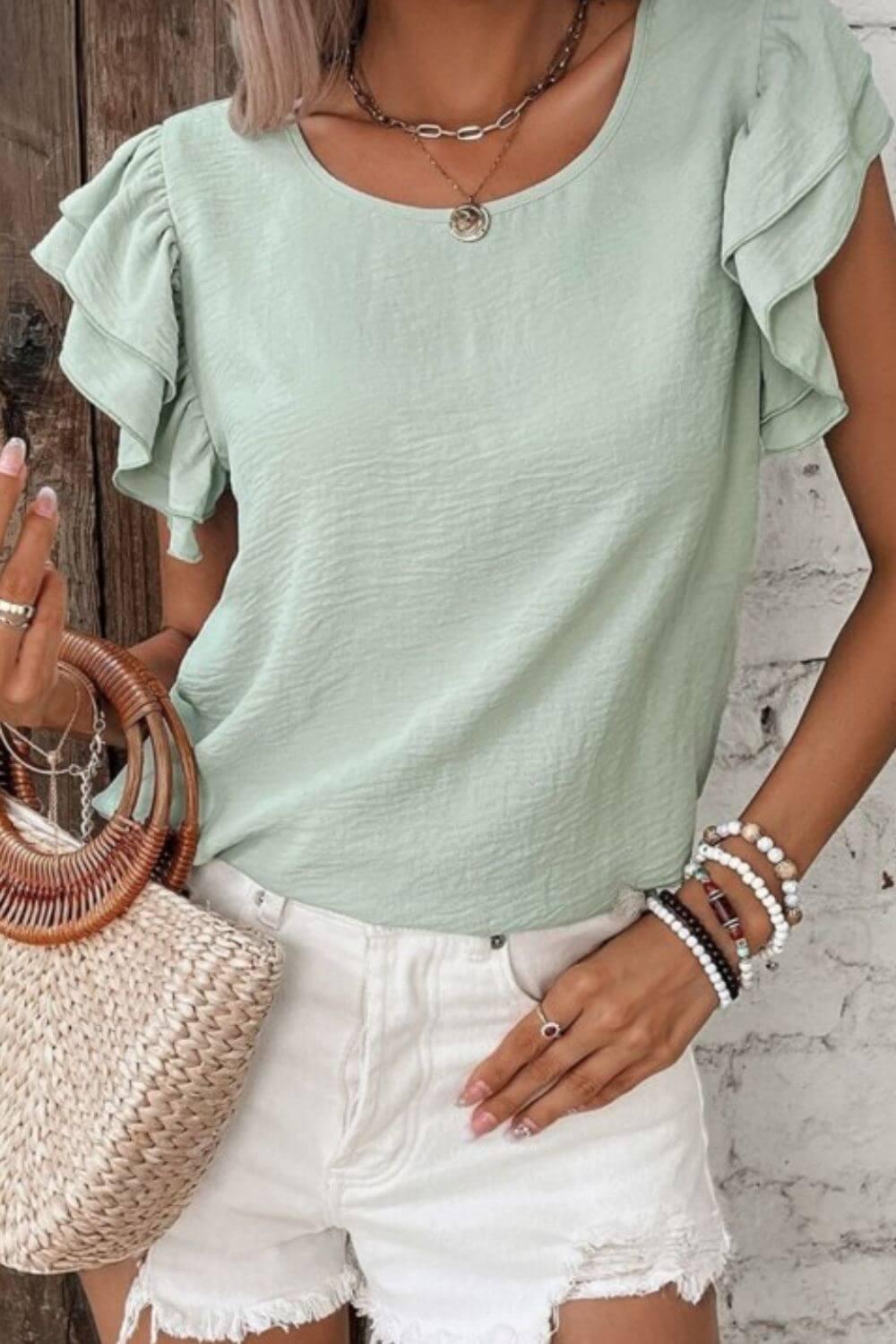 V-Neck Ruffled Cap Sleeve Blouse - Clothes For Her Online Store