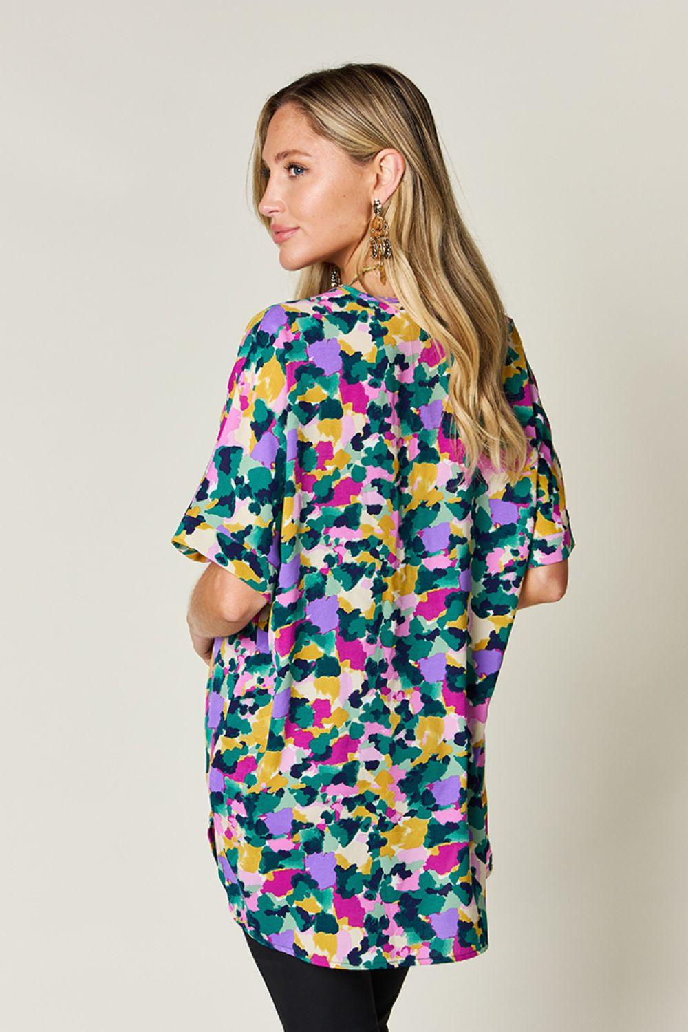 Double Take Full Size Printed V-Neck Short Sleeve Side Slit Top - Clothes For Her Online Store