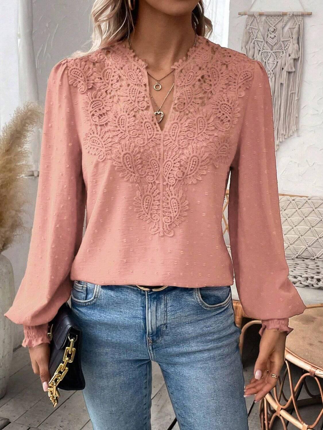 Swiss Dot Lace Detail Notched Long Sleeve Blouse - Clothes For Her Online Store