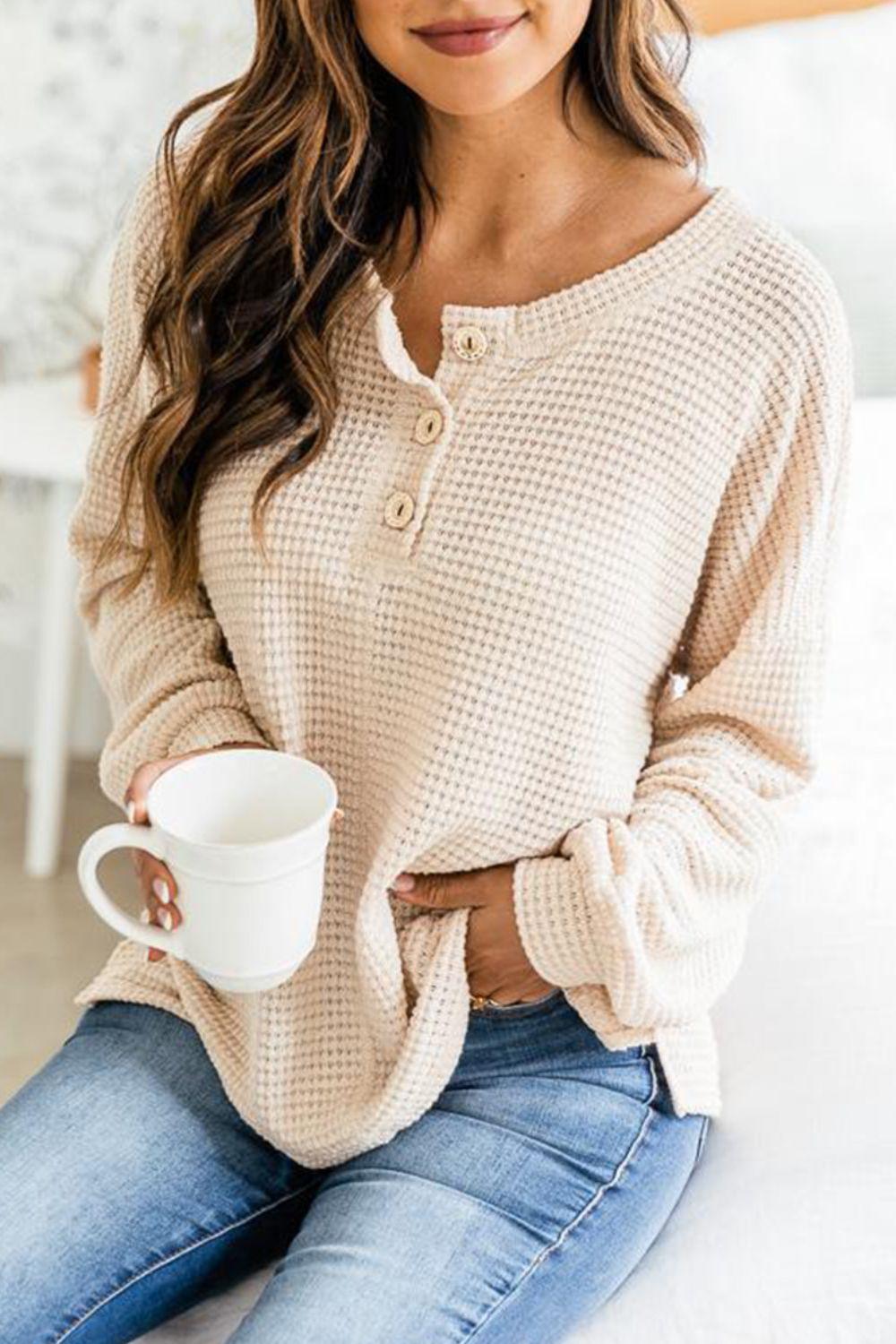Slit Waffle Knit Long Sleeve T-Shirt - Clothes For Her Online Store