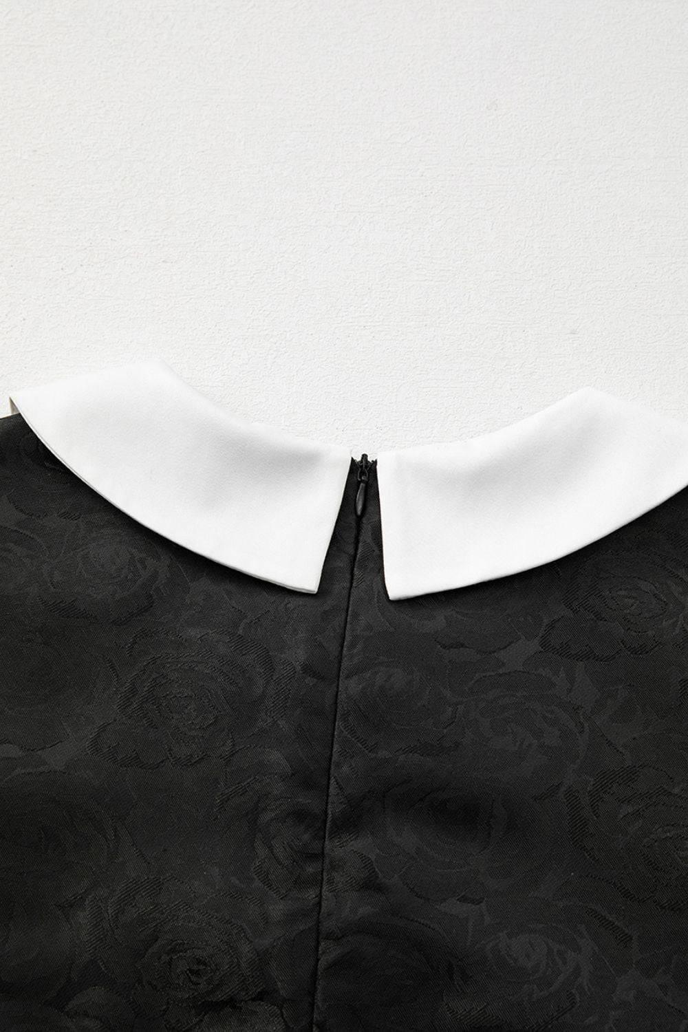 Floral Embossed Puff Sleeve Colorblock Bow Collared Mini Dress - Clothes For Her Online Store