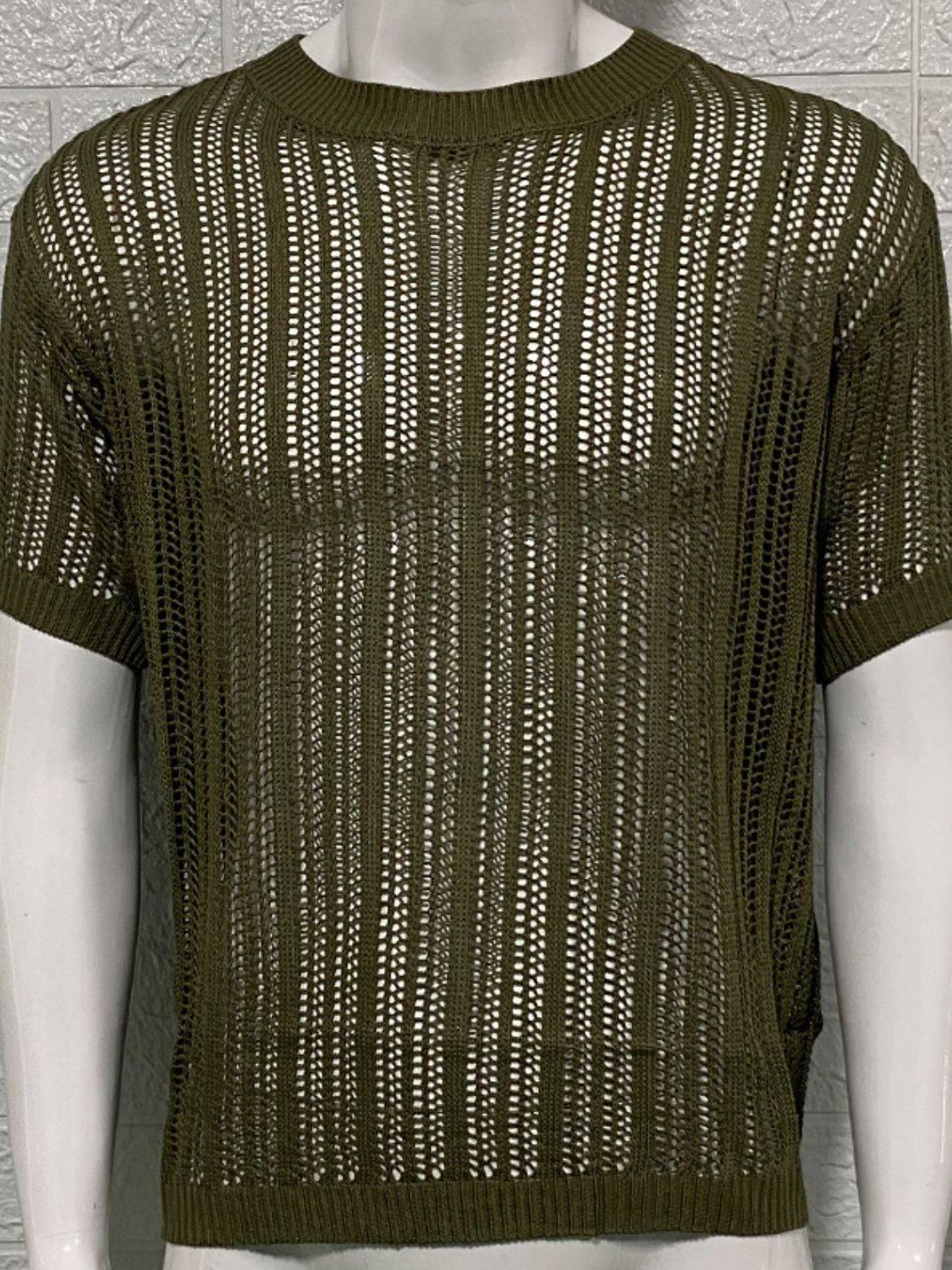Men's Openwork Round Neck Knit T-Shirt - Clothes For Her Online Store