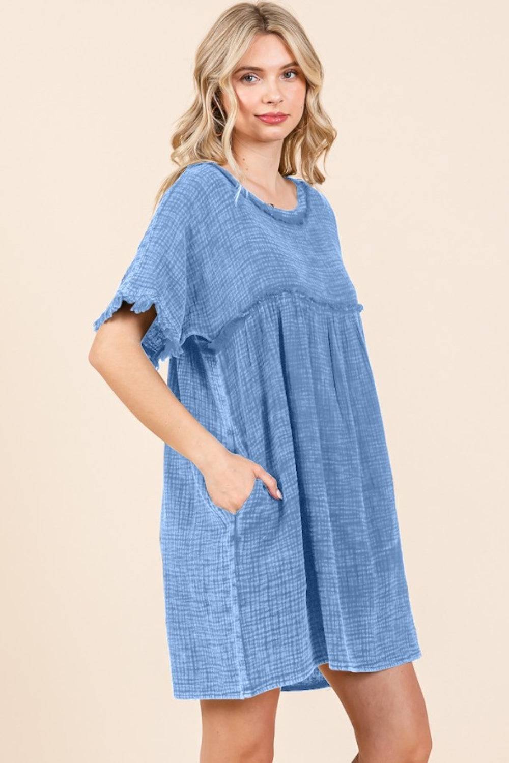 Culture Code Full Size Short Sleeve Babydoll Texture Dress with Pockets - Clothes For Her Online Store