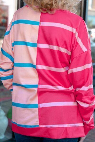 Plus Size Color Block Round Neck Long Sleeve Top - Clothes For Her Online Store