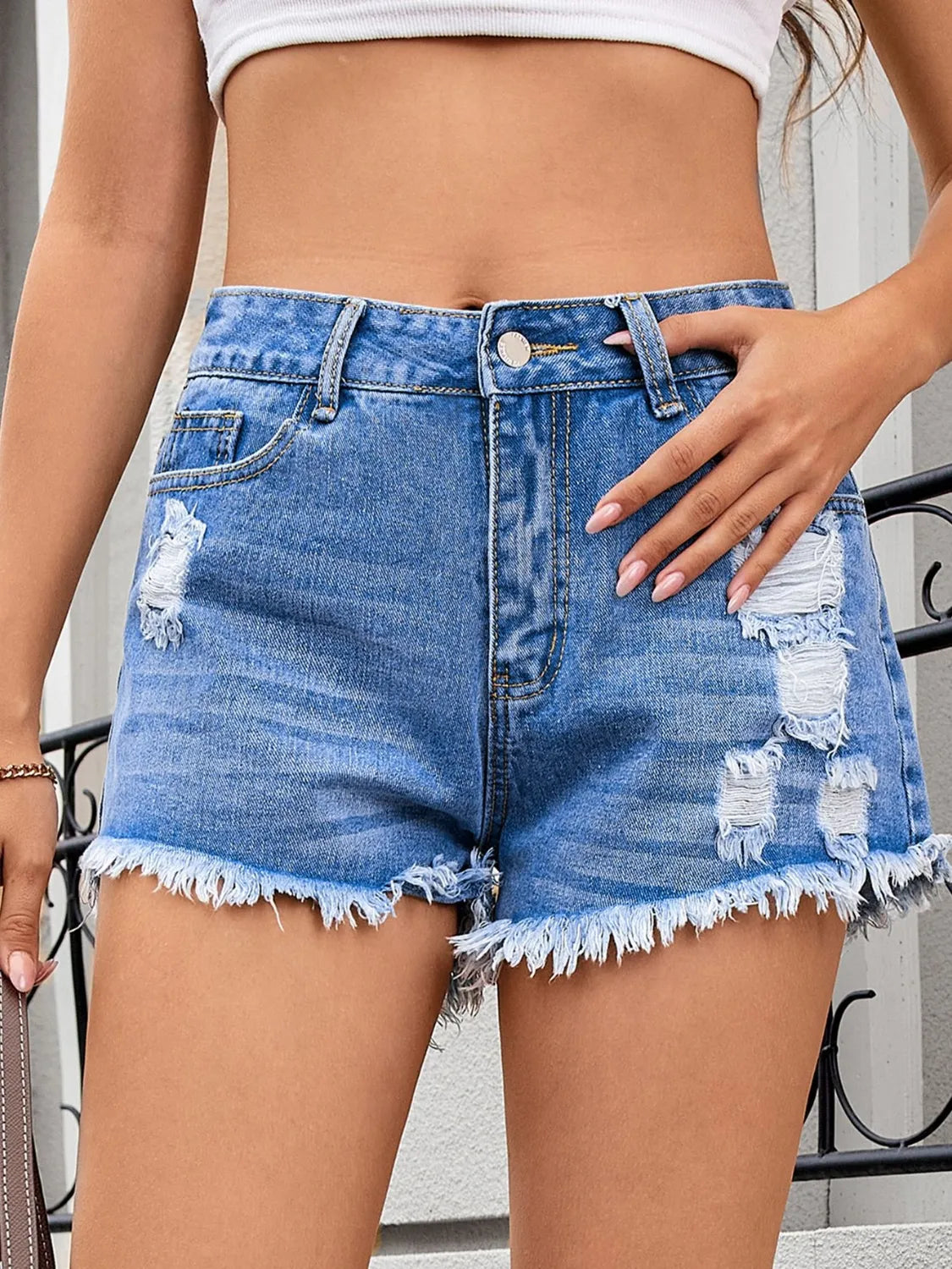 Distressed Raw Hem Denim Shorts