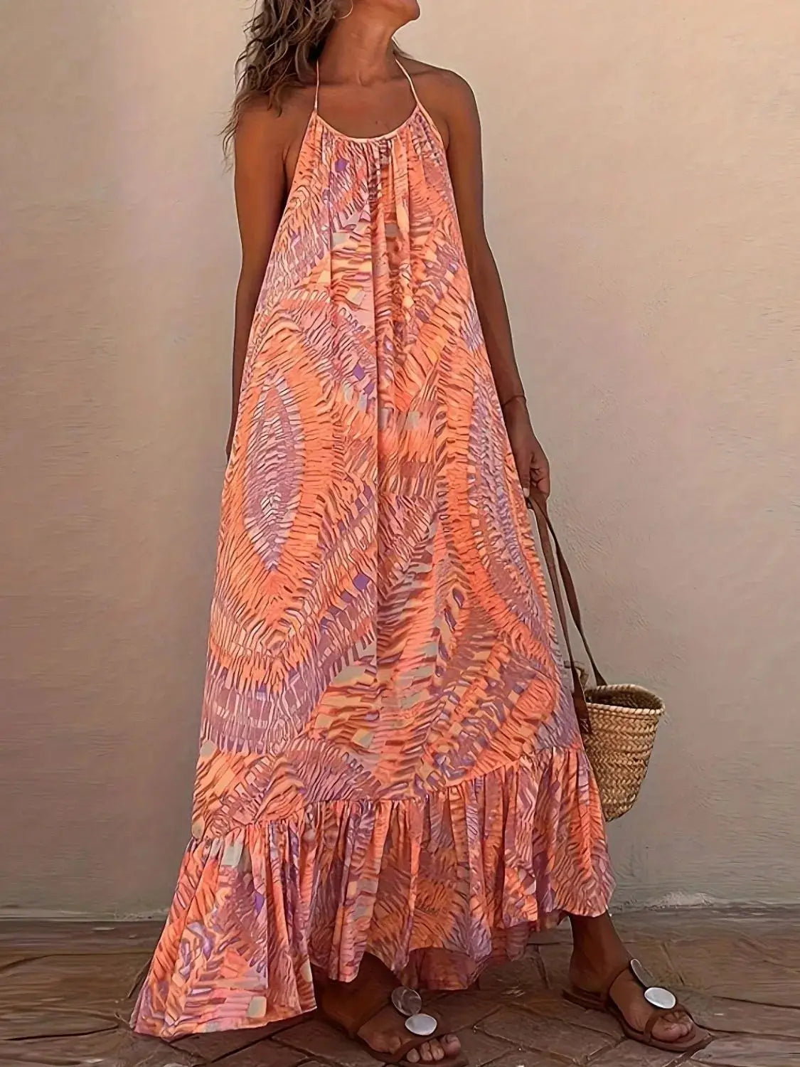 Backless Printed Halter Neck Maxi Cami Dress - Clothes For Her Online Store