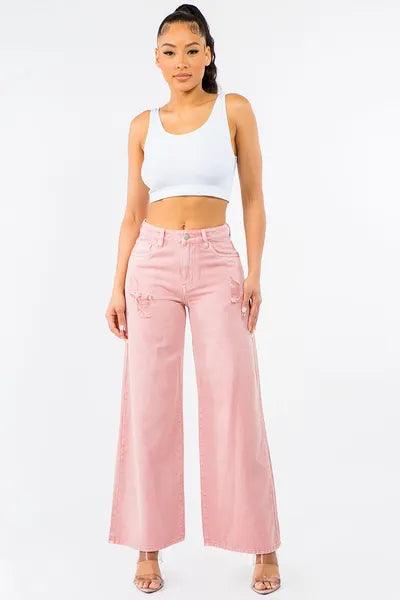 American Bazi High Waist Distressed Wide Leg Jeans - Clothes For Her Online Store