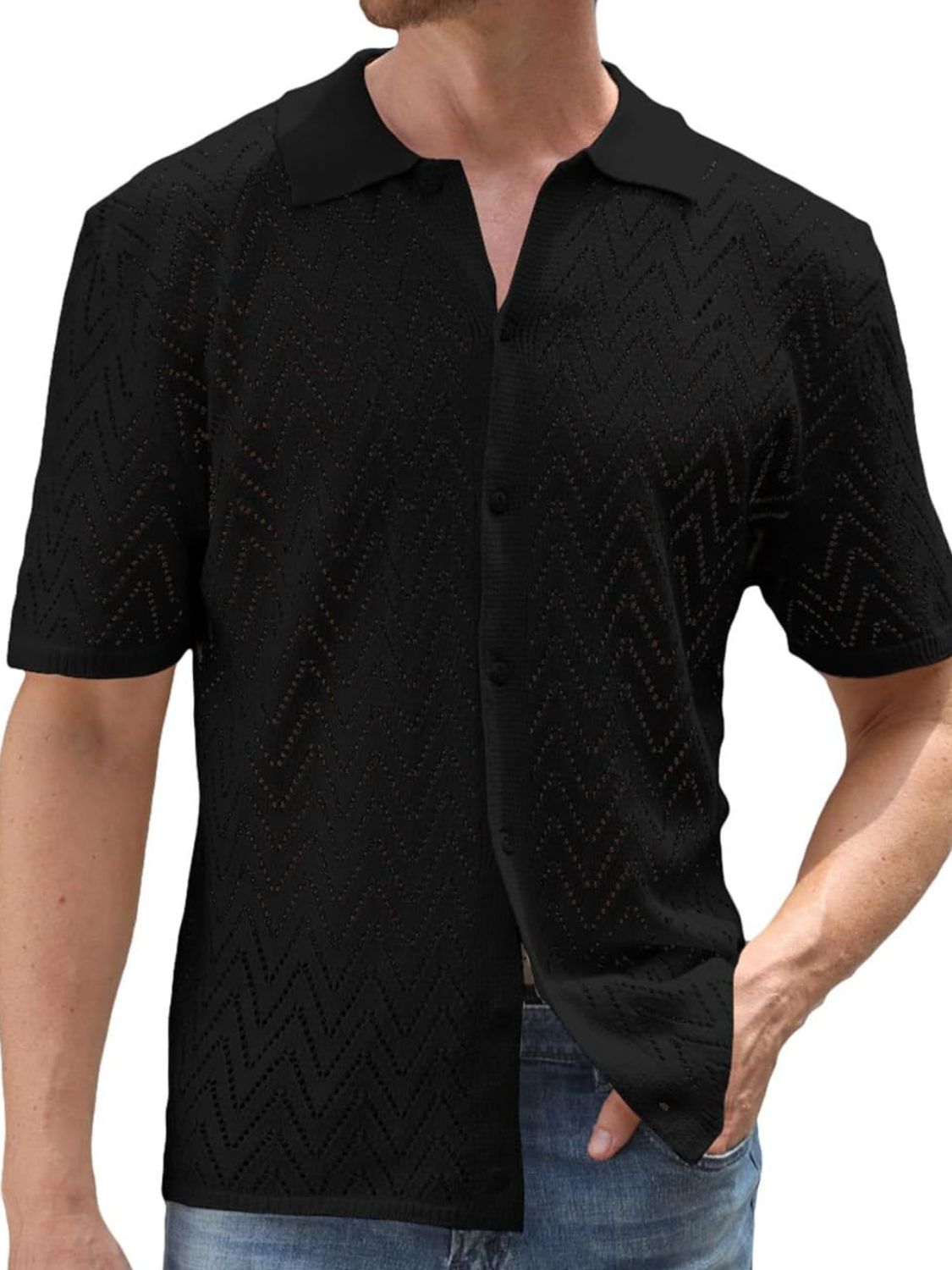 Men's Full Size Openwork Button Down Short Sleeve Shirt Plus Size