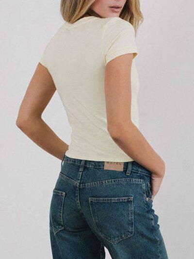 Letter Round Neck Short Sleeve T-Shirt - Clothes For Her Online Store