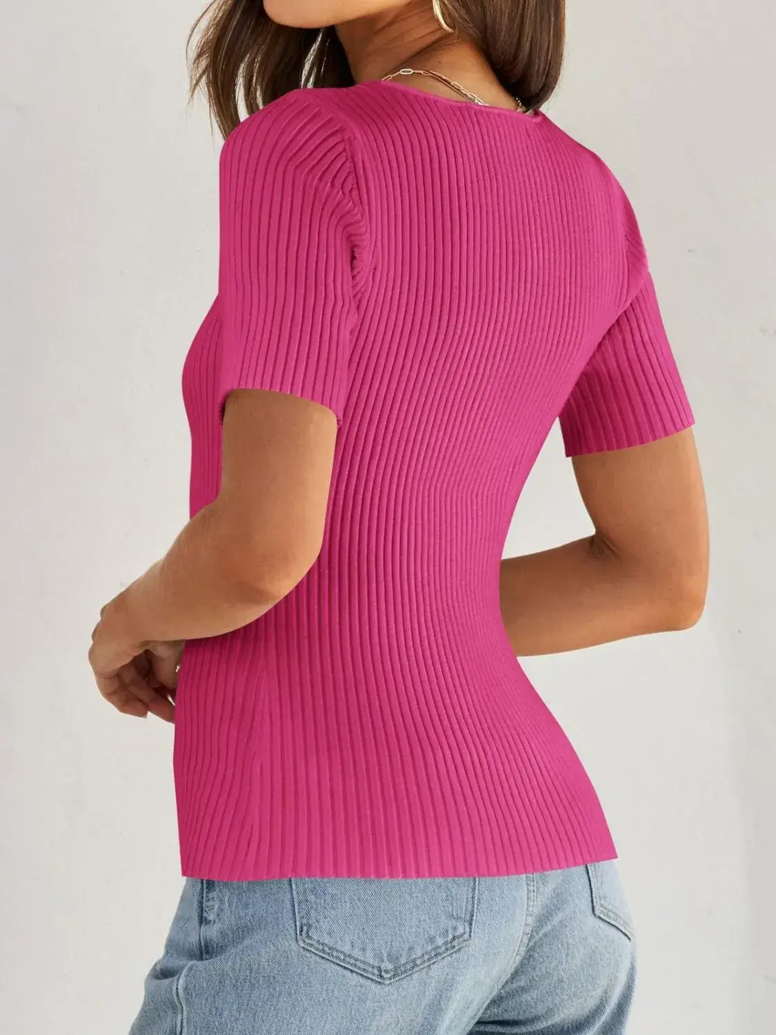 Ribbed Square Neck Short Sleeve Knit Top