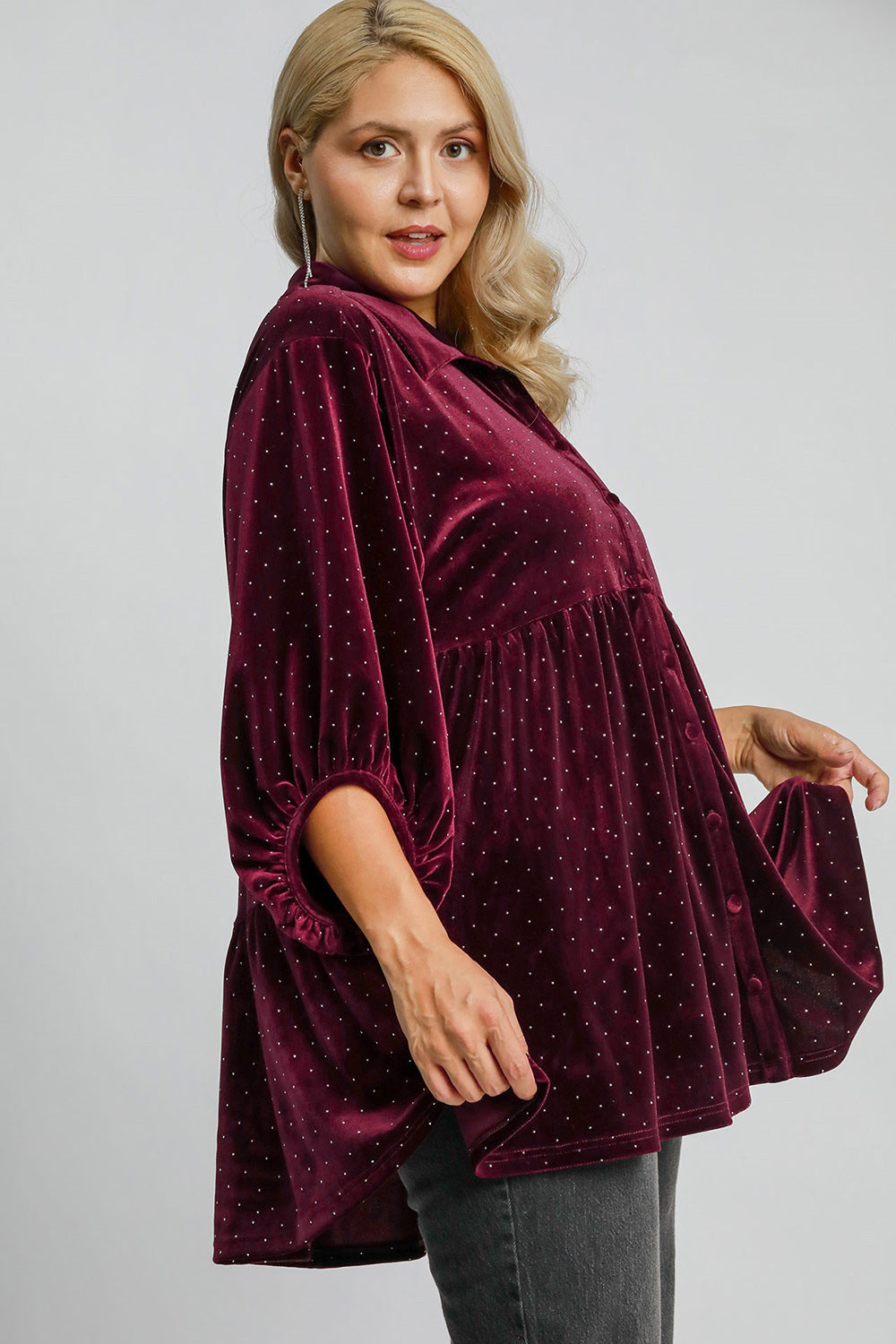 Umgee Full Size Polka Dot Button Up Half Sleeve Shirt - Clothes For Her Online Store
